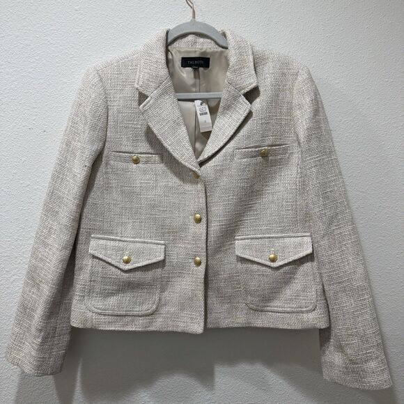 Talbots Blazer Cream Tweed Jacket Blazer Sz 12 Pockets Gold Buttons Lined NEW - Picture 1 of 9